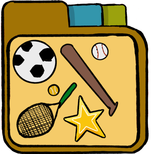 a yellow file folder with an american soccer ball, a baseball bat, a baseball, a tennis ball, a tennis racket, and a star inside.